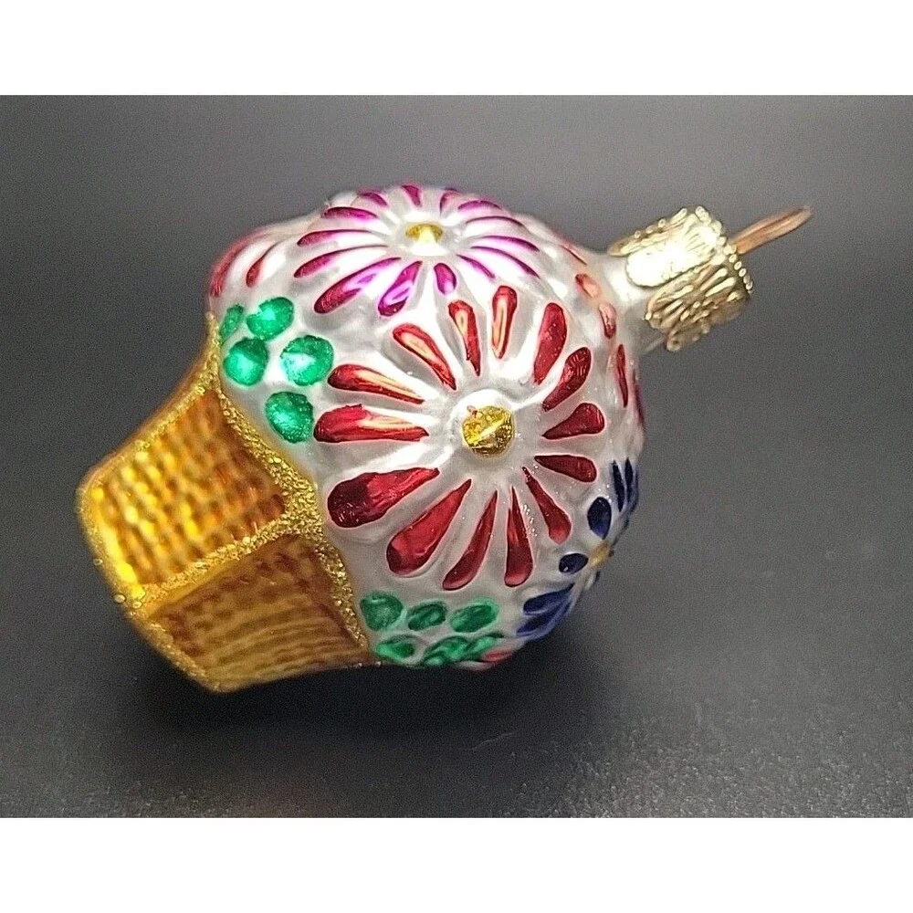 Vintage Czech Republic Blown Glass Flower Basket Christmas Ornament Mini 2.5”
